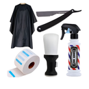 Kit para barbeiros capa, navalha, borrifador, espanador e gola higiênica