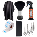 Kit Barbeiro capa, borrifador, espanador, gola higiênica kit tesouras e navalha